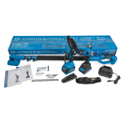 Комплект акумуляторного інструменту KRAISSMANN 301 SAG 20 MP (секатор (різ 25 мм), міні-пила, подовжувач (2 м), 2 акум., зарядний пристрій)