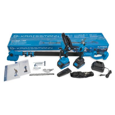 Комплект акумуляторного інструменту KRAISSMANN 301 SAG 20 MP (секатор (різ 25 мм), міні-пила, подовжувач (2 м), 2 акум., зарядний пристрій)